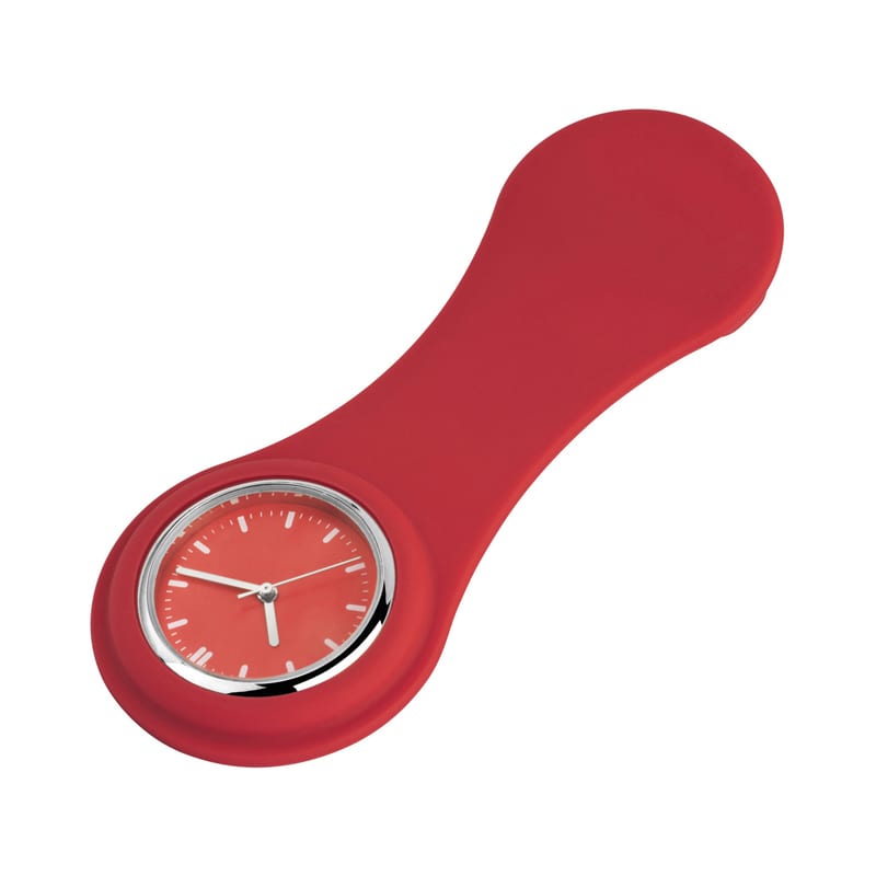 A red silicone watch with a circular watch face and silver accents. It features a simple design and a logo. Nurse Watch 2.0 - Image 1