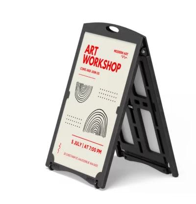 A black corflute A-frame with a water-fillable base, featuring two blank surfaces for promotional messaging. Premium Plastic Water Fillable Corflute A-Frames / A Frame - Image 1