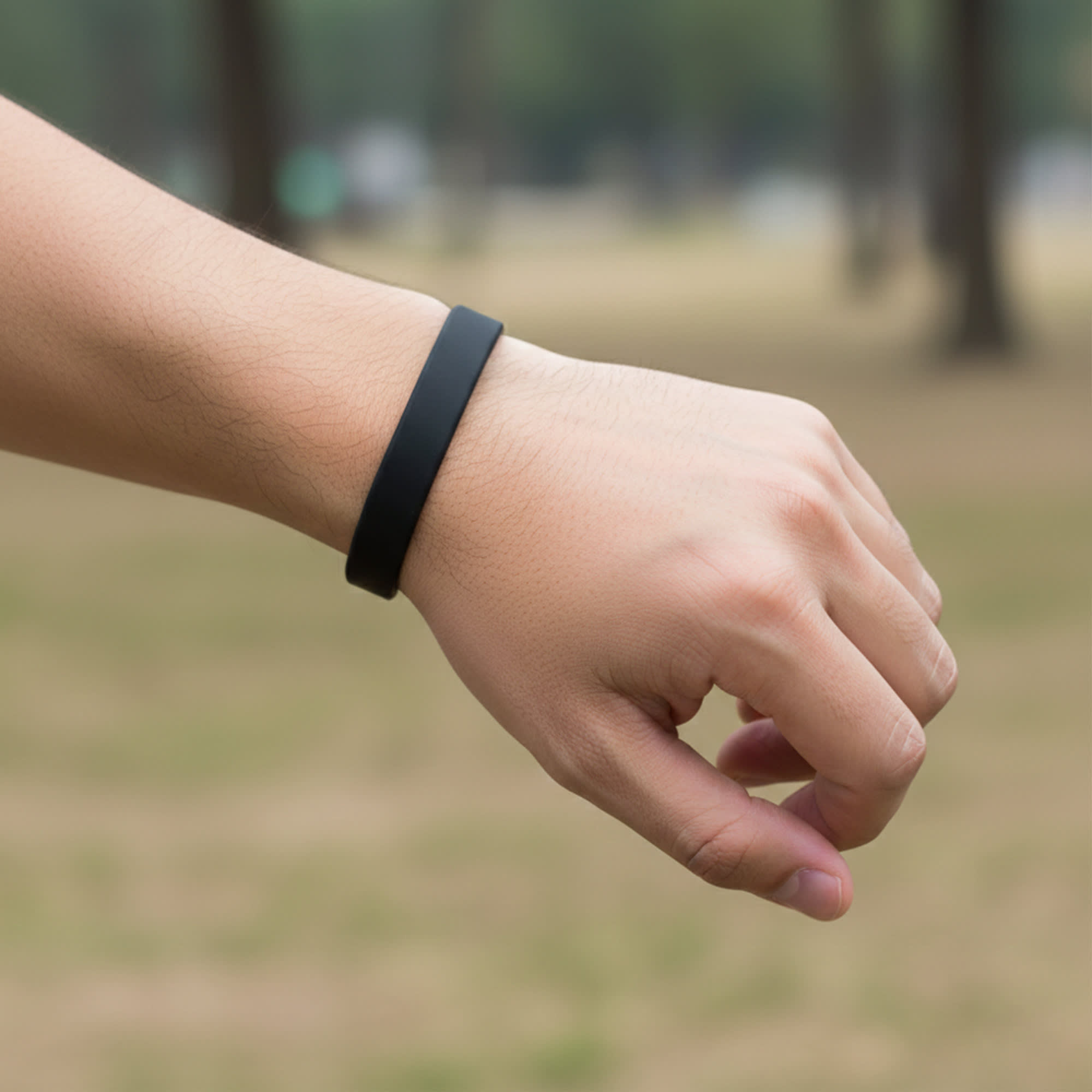 A thin black silicone wristband is worn on a person's wrist in an outdoor setting with blurred trees in the background. Kagayama Silicone Wrist Band Thin - Image 1