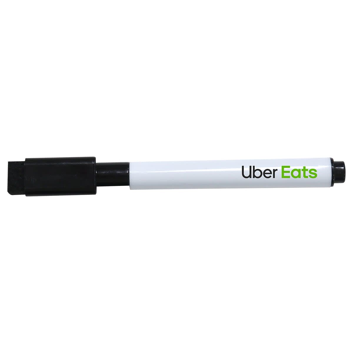 A whiteboard marker with a black chisel tip and a white barrel featuring a logo. St Kitts Whiteboard Marker - Image 1
