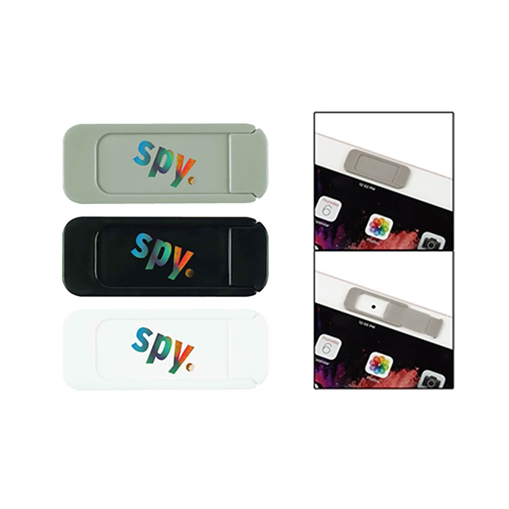 A set of three security webcam covers in grey, black, and white, featuring a logo on each. Security Webcam Cover - Image 1