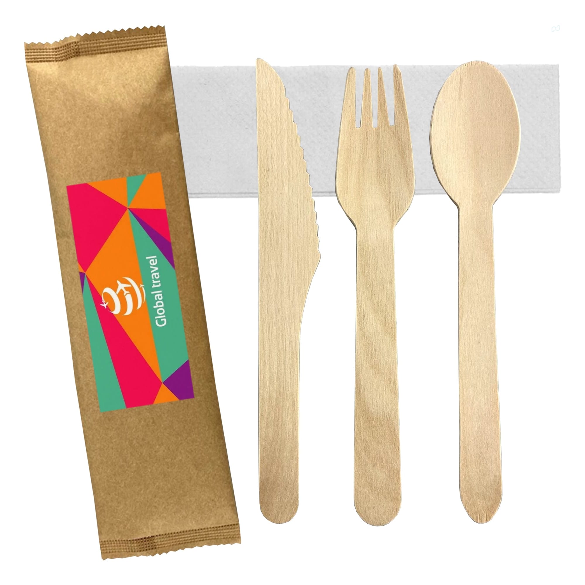 A wooden cutlery set featuring a knife, fork, and spoon, packaged in a brown wrap with a logo. 4pcs Wooden Cutlery Set - Image 1