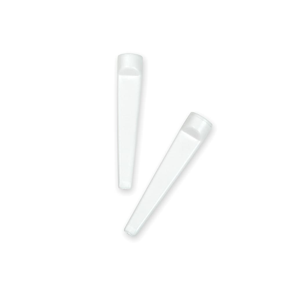 Two white golf tees with a wedge design, featuring a smooth finish and a rounded top. Wedge Tees - Image 1