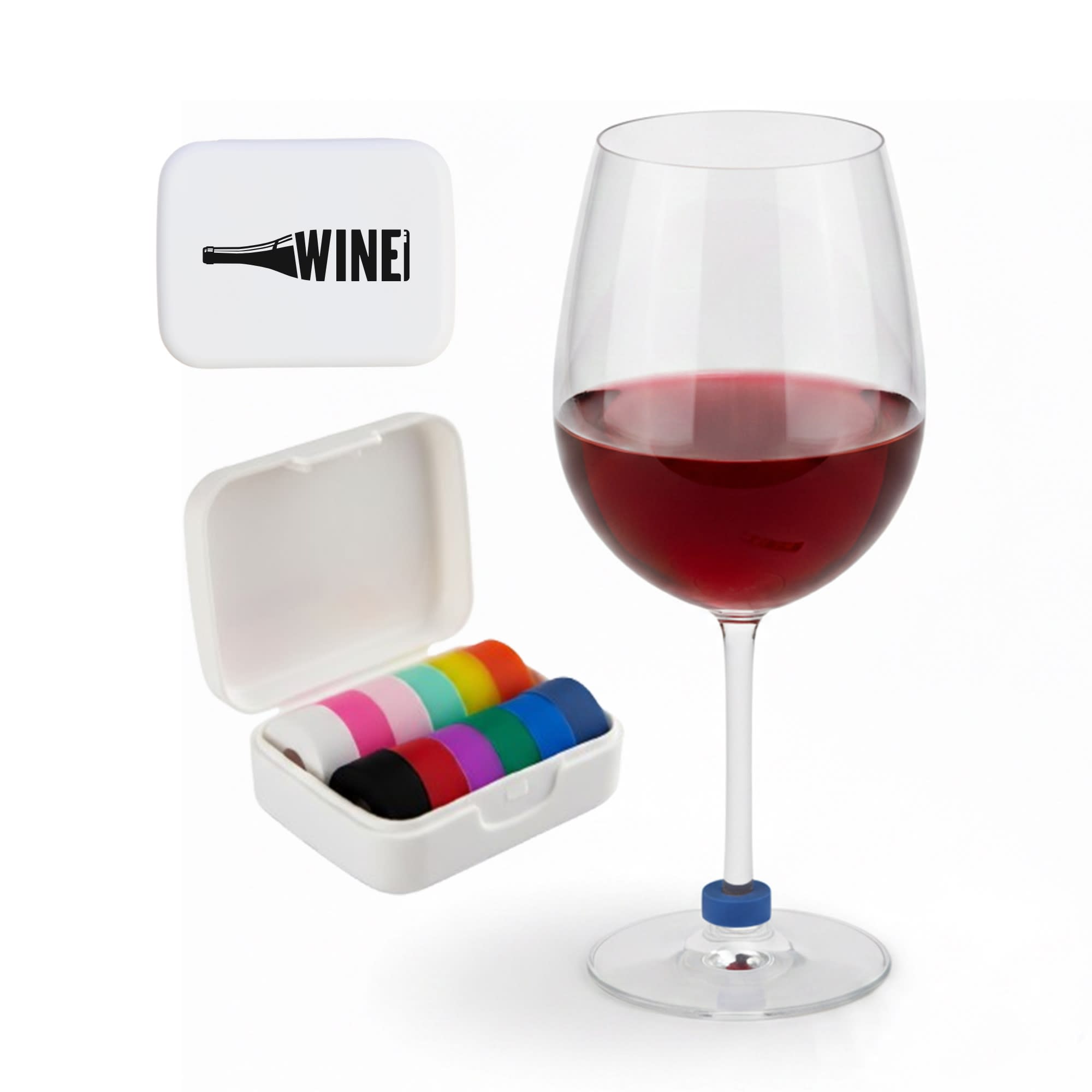 A wine glass filled with red wine beside a white case containing colourful wine glass markers. Wine Glass Marker - Image 1