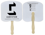 A cardboard fan with a white surface and a wooden handle, featuring a logo and social media handles.
