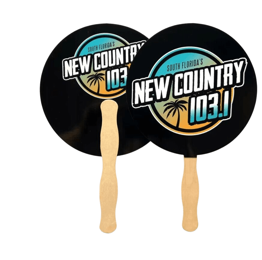 A black cardboard fan with a wooden handle featuring a logo. The fan has a round shape and a colourful design. A black cardboard fan with a wooden handle featuring a logo. The fan has a round shape and a colourful design.