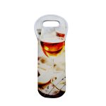 A drink bottle holder in a light colour featuring a design of a glass of wine, with a handle and a logo.
