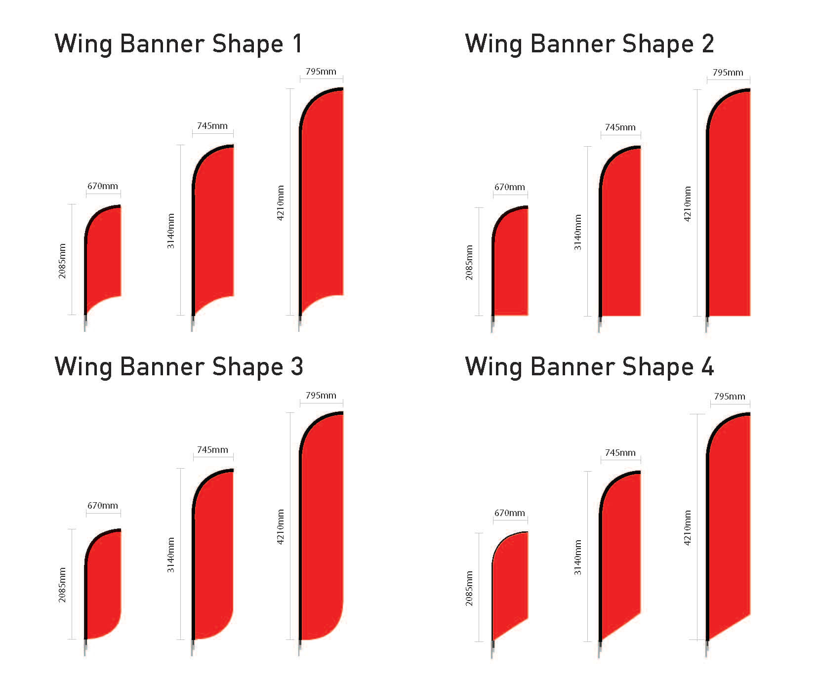 Four designs of small double-sided wing banners are displayed, featuring a red colour scheme with various sizes and shapes. Small Double Sided Wing Banner Skin Only - Image 1
