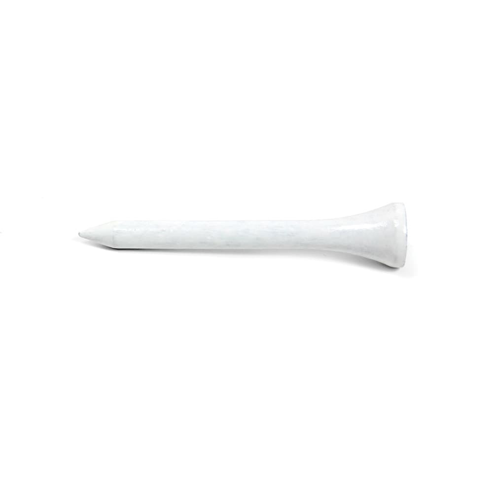 A white wooden golf tee measuring 70mm, featuring a round base and a tapered top. It has a logo on the side. Wooden Tees 70mm - Image 1