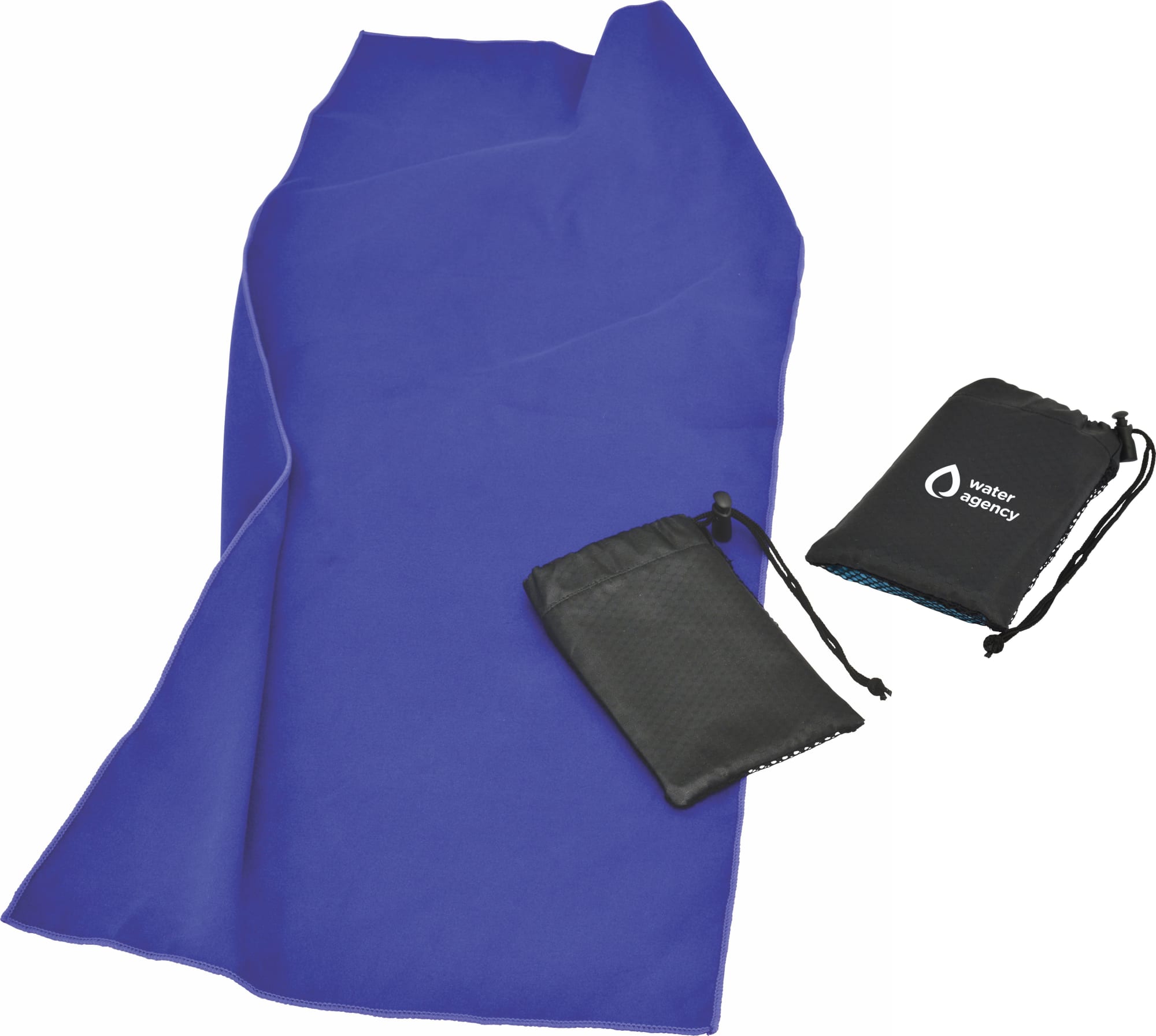 A purple microfibre towel accompanied by two small black pouches, one with a logo. Work-out Microfibre Towel - Image 1