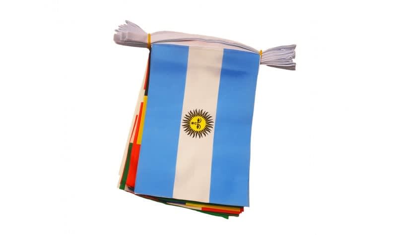 A bundle of polyester bunting featuring various colours, including the blue and white design of the Argentina flag. Polyester Bunting - 150m x 200mm - Image 1