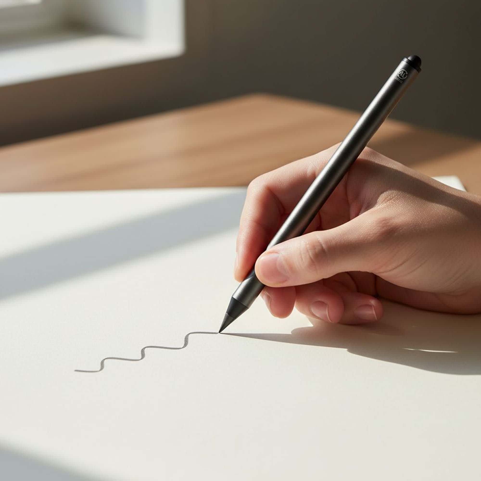 A hand holding a grey pencil, drawing a wavy line on a white sheet of paper, with natural light coming through a window. Tripole Infinity Pencil - Image 1