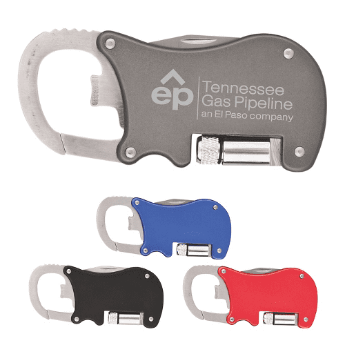 A drink bottle opener carabiner in grey, blue, black, and red, featuring a flashlight and knife. Includes a logo. A drink bottle opener carabiner in grey, blue, black, and red, featuring a flashlight and knife. Includes a logo.