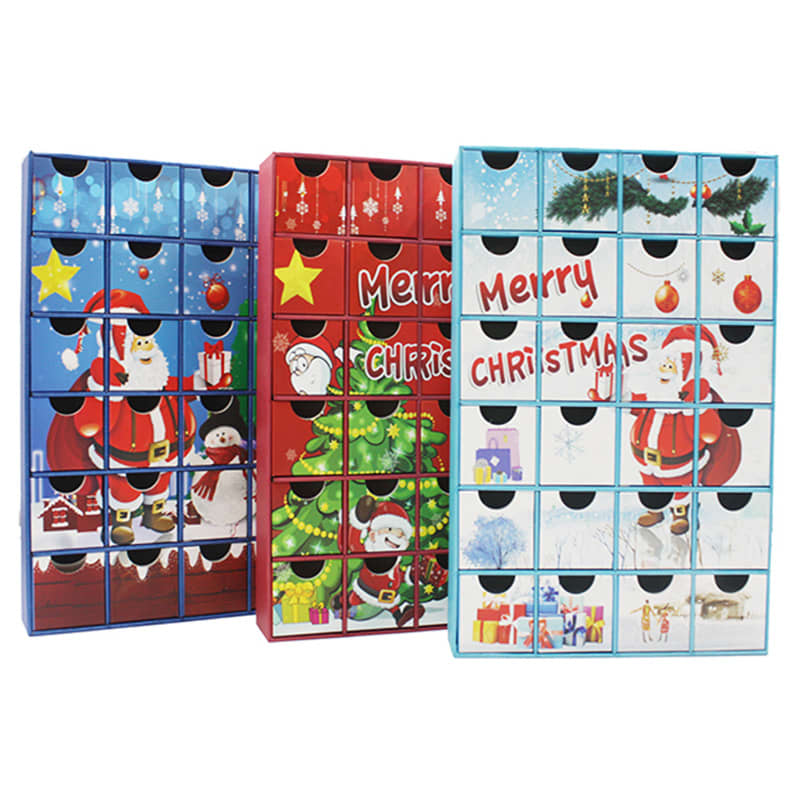 A set of three themed advent calendars featuring festive designs in red, green, and blue with drawers for treats. A set of three themed advent calendars featuring festive designs in red, green, and blue with drawers for treats.