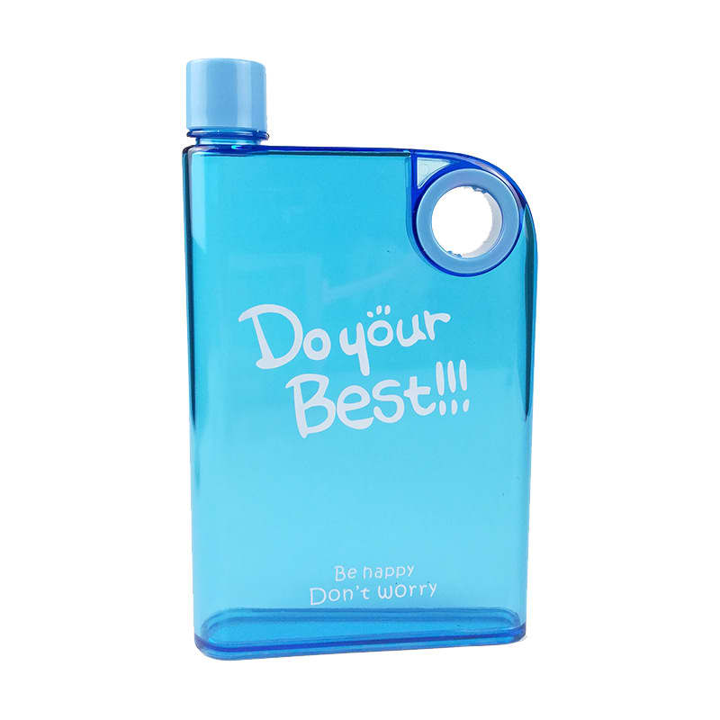 A drink bottle in a transparent blue colour, with a unique flat design and a round handle. It features a branding logo. A drink bottle in a transparent blue colour, with a unique flat design and a round handle. It features a branding logo.