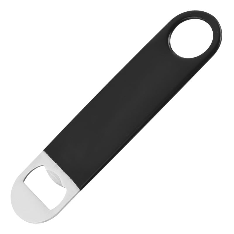 A drink bottle opener featuring a stainless steel head and a sleek black PVC handle. It includes a logo on the handle. A drink bottle opener featuring a stainless steel head and a sleek black PVC handle. It includes a logo on the handle.