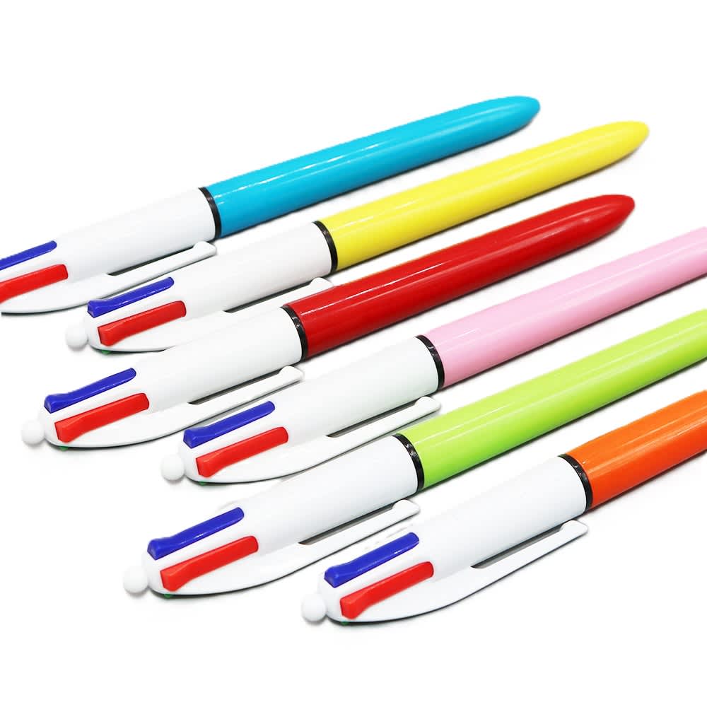 A set of four ballpoint pens in blue, yellow, red, pink, and green, featuring white barrels and colour accents. A set of four ballpoint pens in blue, yellow, red, pink, and green, featuring white barrels and colour accents.