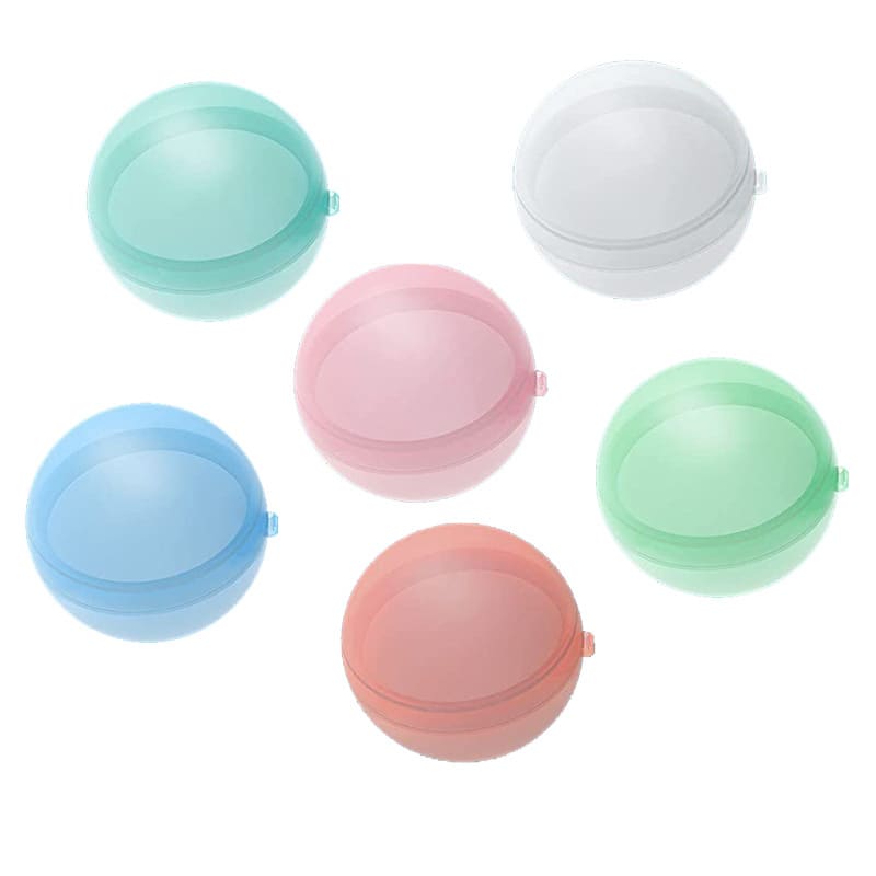 A collection of reusable self-sealing water balloons in green, blue, pink, and clear colours, featuring a logo. A collection of reusable self-sealing water balloons in green, blue, pink, and clear colours, featuring a logo.