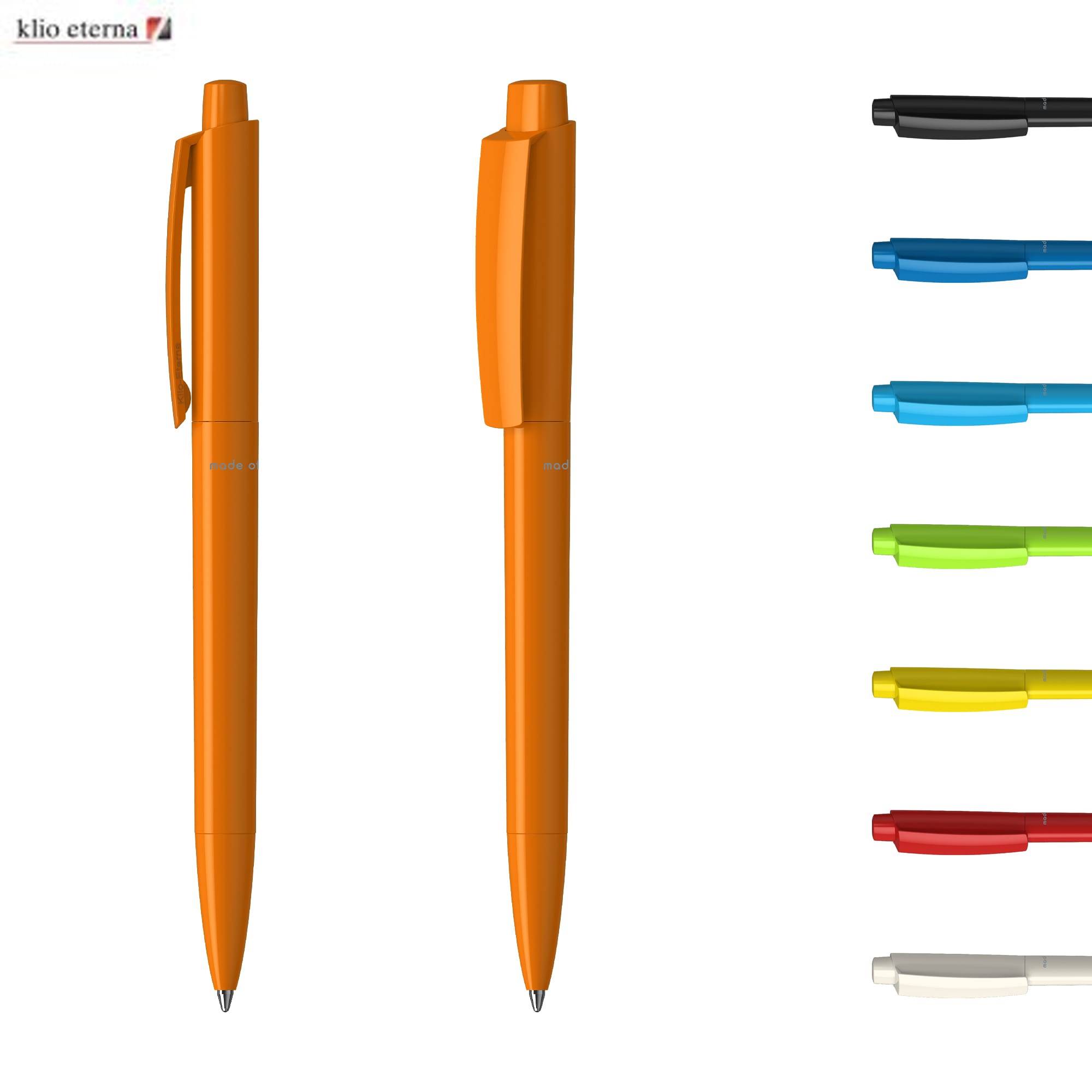 Two orange plastic pens are displayed, along with various other coloured pens in black, blue, green, yellow, and white. Zeno Bio - Image 1