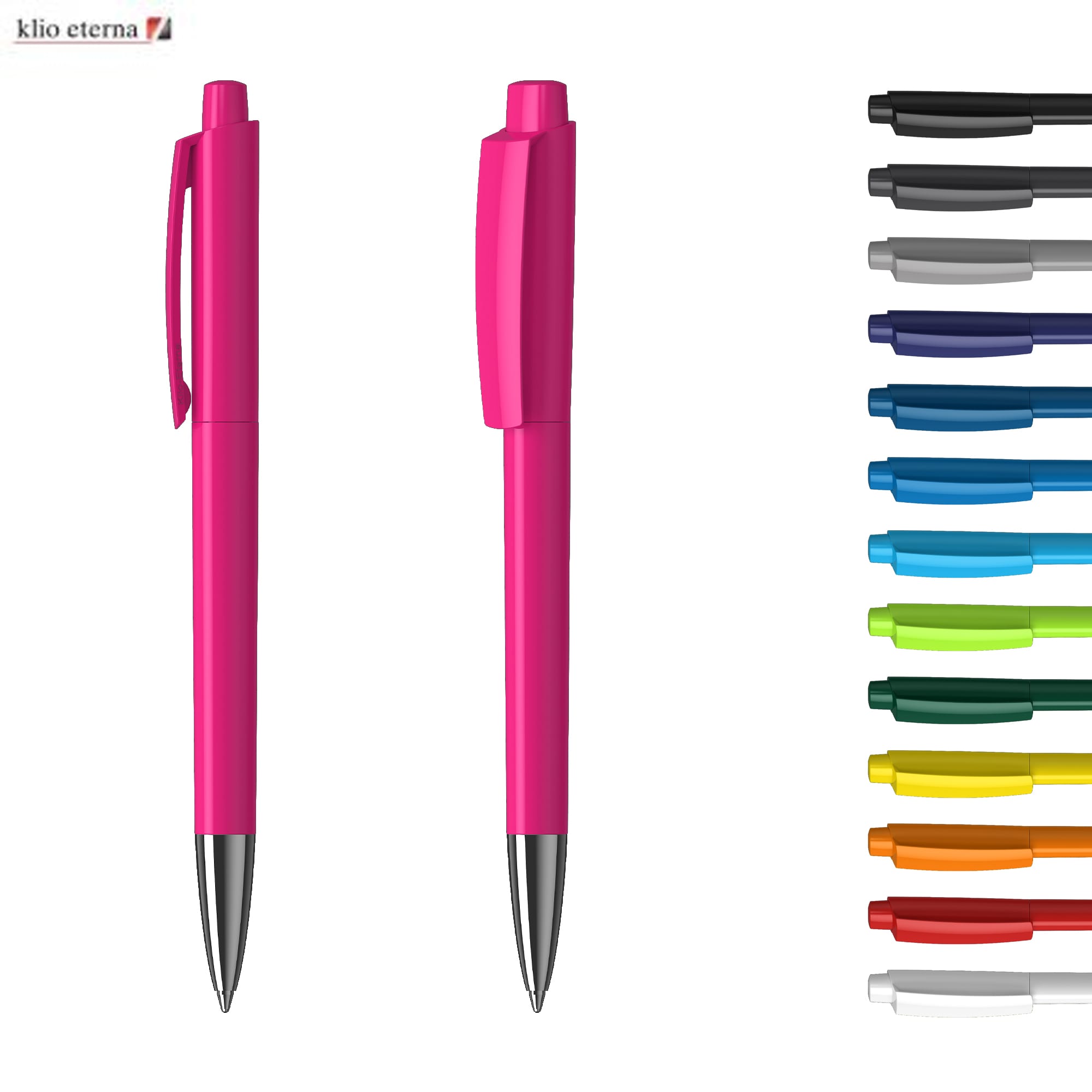 A pink metal pen with a shiny finish, featuring a clip and silver accents, alongside a colour selection. Zeno High Gloss Mn - Image 1