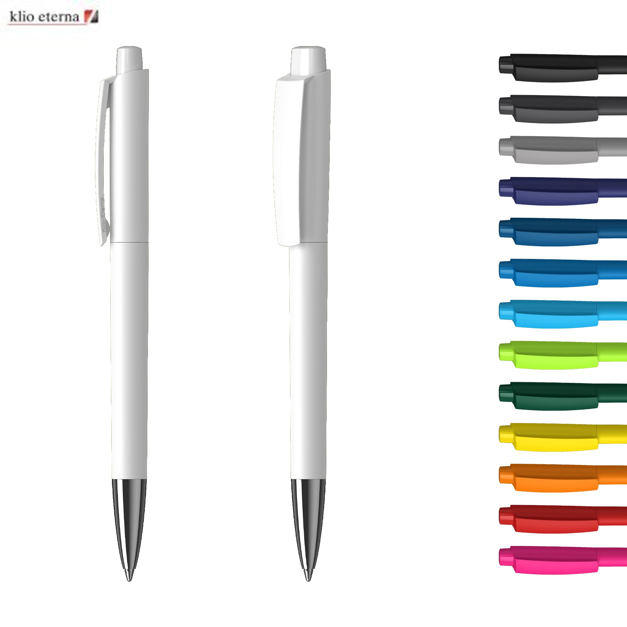 A metal pen in white with a shiny finish, featuring a clip and a variety of ink colours displayed alongside. Zeno Softtouch High Gloss Mn - Image 1
