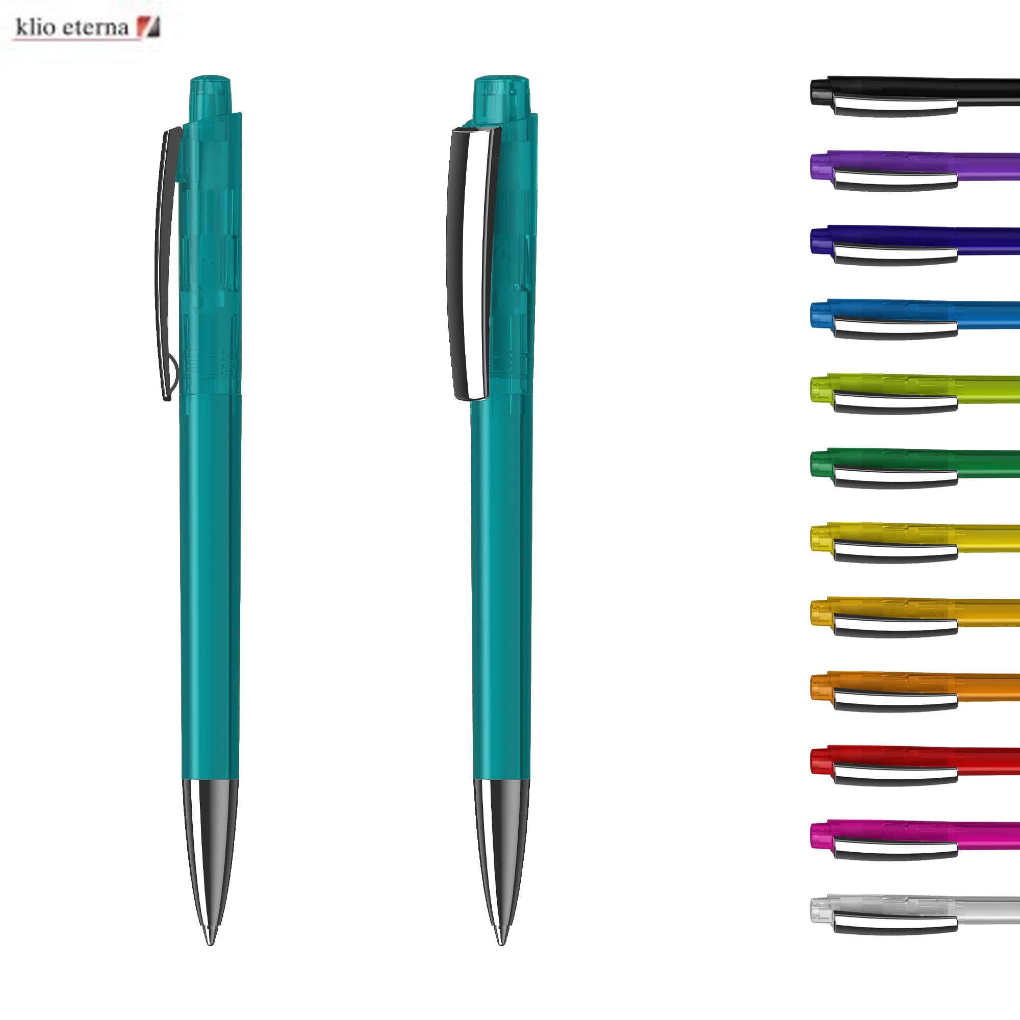 A transparent turquoise plastic pen with a silver clip, alongside a variety of coloured pens. It features a logo. Zeno Transparent MMn - Image 1