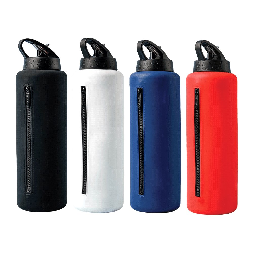 A drink bottle featuring a zippered compartment, available in black, white, blue, and red, with a logo on the cap. Zip + Sip Drink Bottle - Image 1