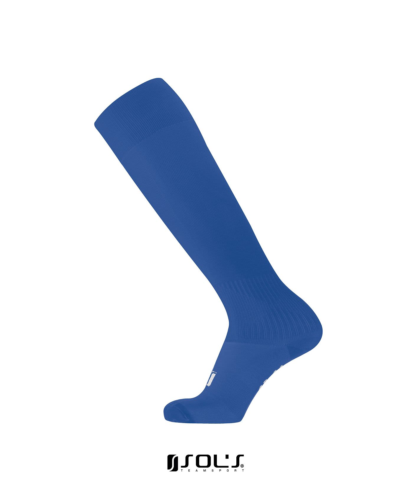 Bright blue soccer socks with a fitted design, featuring a logo at the ankle. SOCCER SOCKS FOR ADULTS AND KIDS - Image 1
