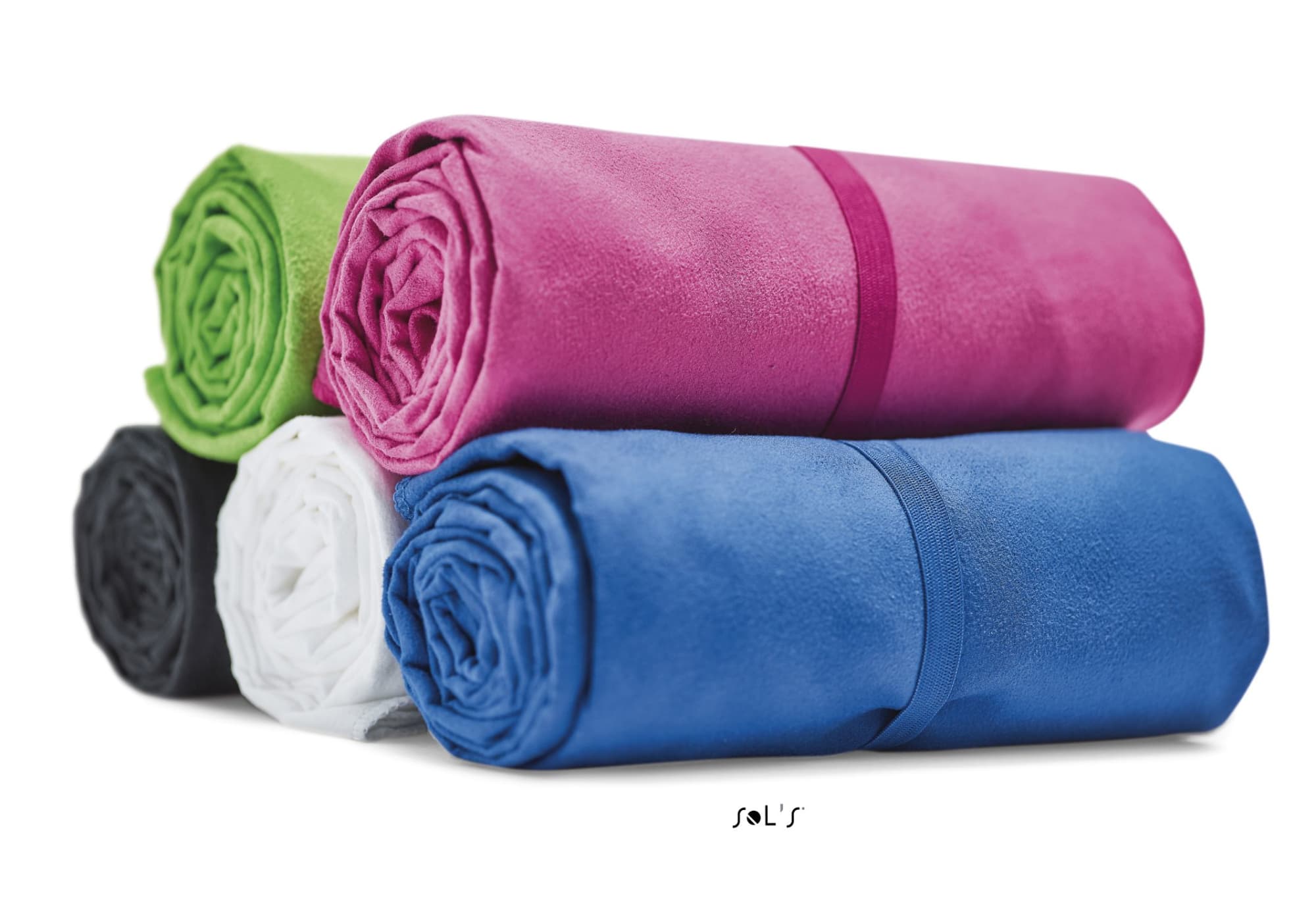 A stack of rolled microfibre towels in pink, blue, green, black, and white, tied with bands. GYM / SPORTS TOWEL MICROFIBRE 120cm x 70cm - Image 1