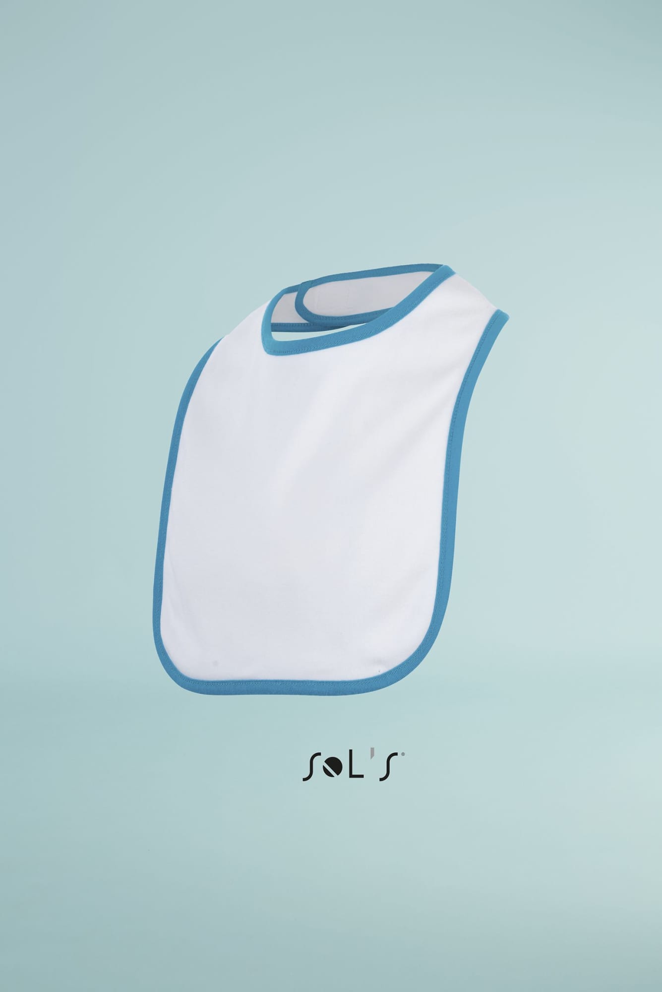 A baby bib in white with a blue trim, featuring a round neck opening and a logo on the front. BABY BIB babib - Image 1