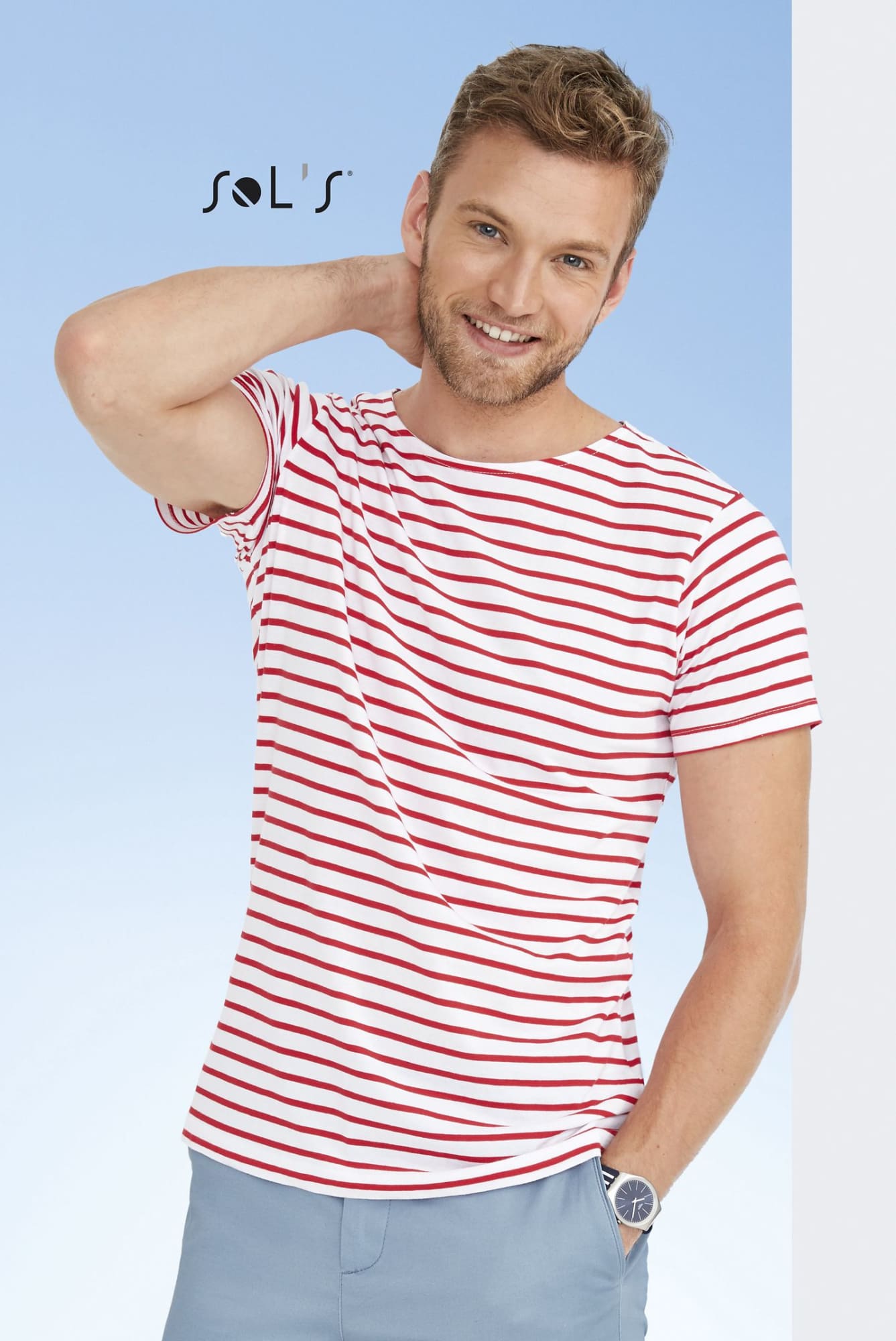 A men's round neck T-shirt in red and white stripes, made of combed cotton, featuring a logo. T-shirt Men's round neck striped pattern combed cotton MILES - Image 1