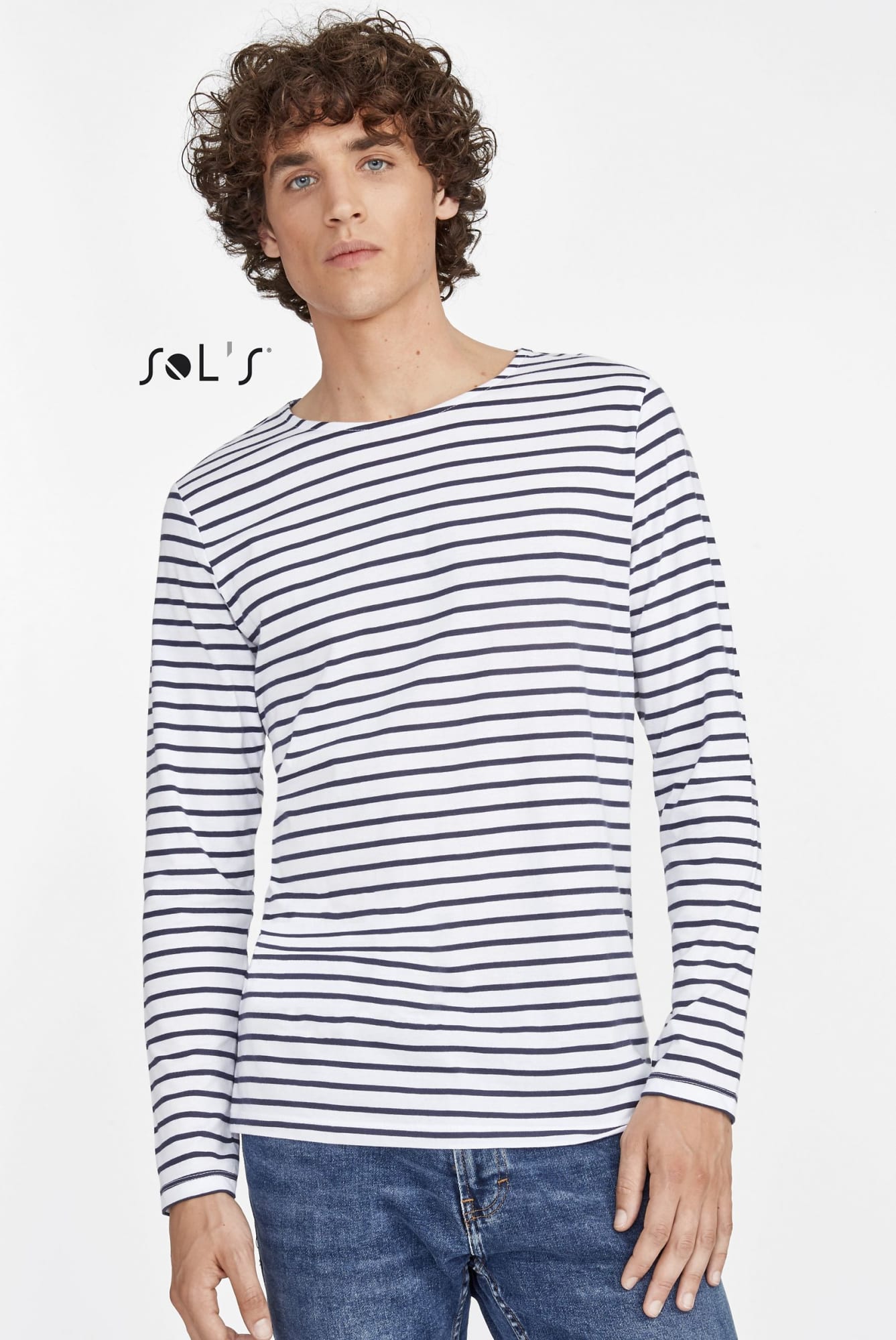 A long-sleeve men's T-shirt in white with navy stripes, made from 100% combed ring-spun cotton, featuring a logo. T - shirt long sleeve Men's Striped pattern 100% combed ring spun cotton MARINE - Image 1