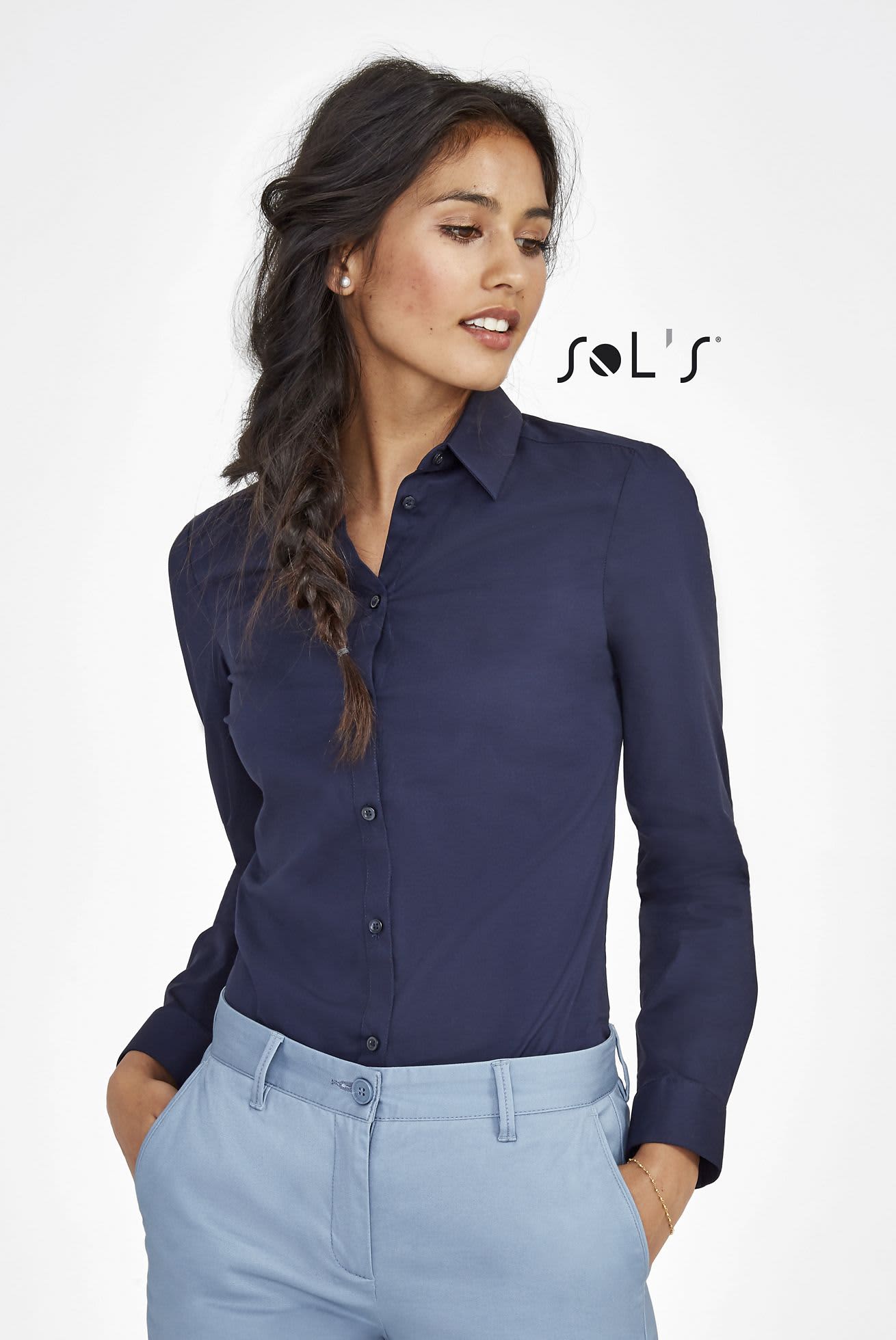 A long sleeve women's stretch shirt in navy blue with a button-up front and a subtle logo. Business shirt WOMEN'S - LONG SLEEVE STRETCH SHIRT Blek - Image 1