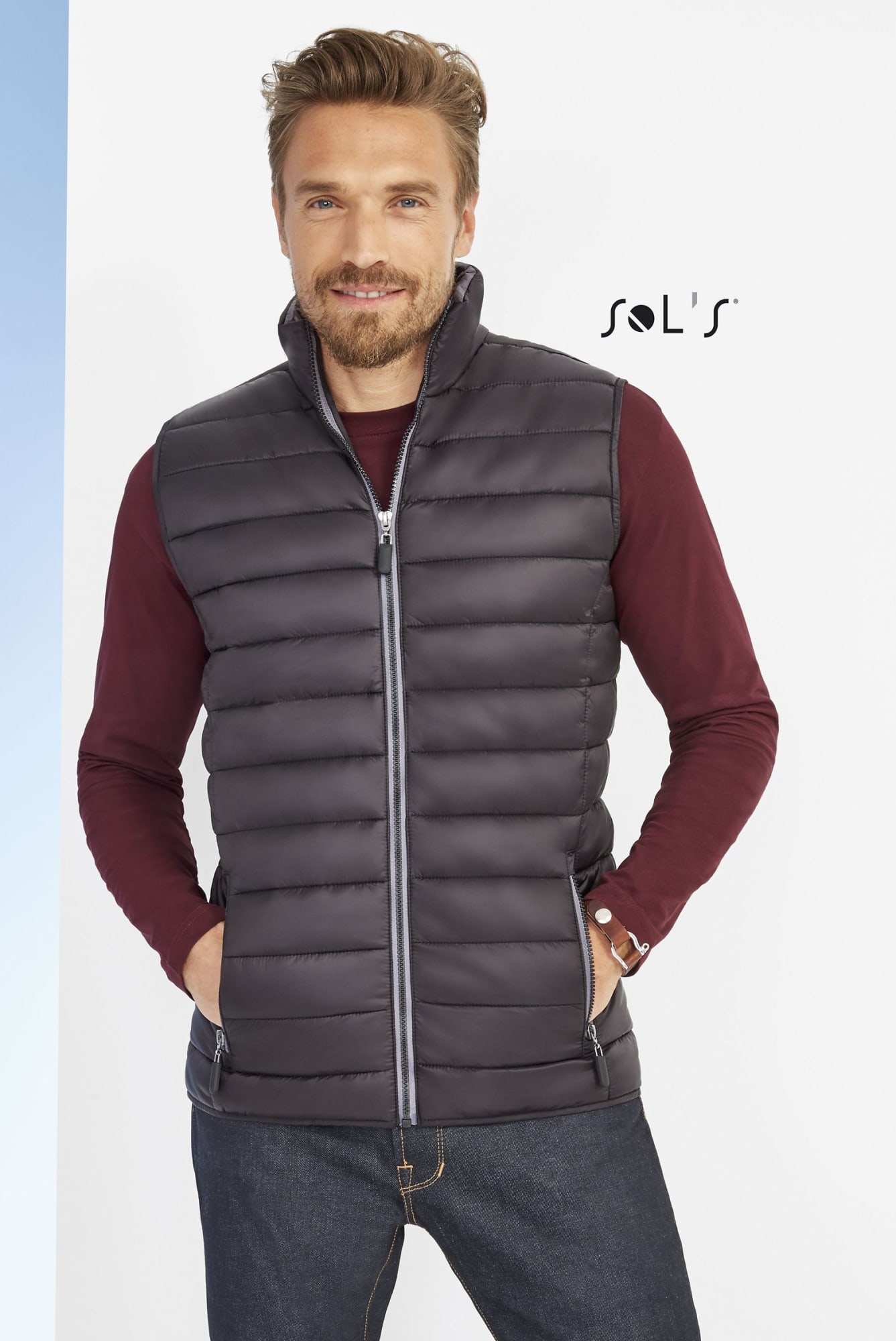 A men's puffer vest in black with a contrasting neck, featuring a zip front and a logo. Vest Men's Puffer style contrast neck WAVE - Image 1
