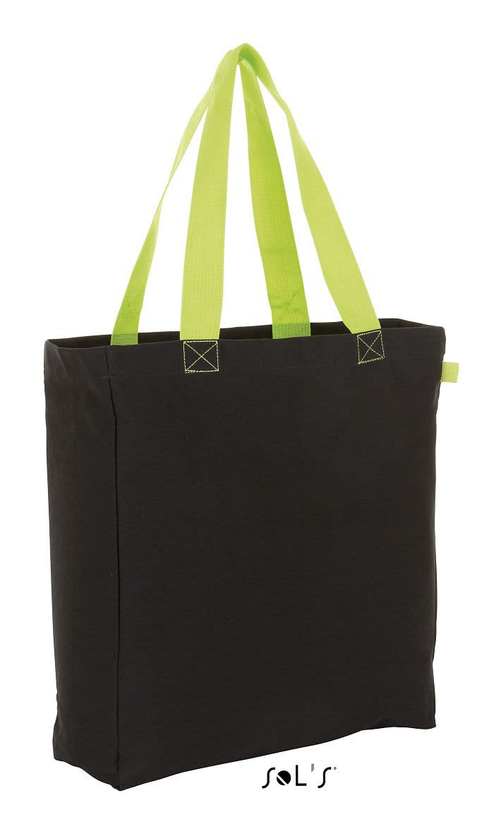 A black shopping bag with bright green straps, featuring a brand logo on the bottom. LENOX SHOPPING BAG - Image 1