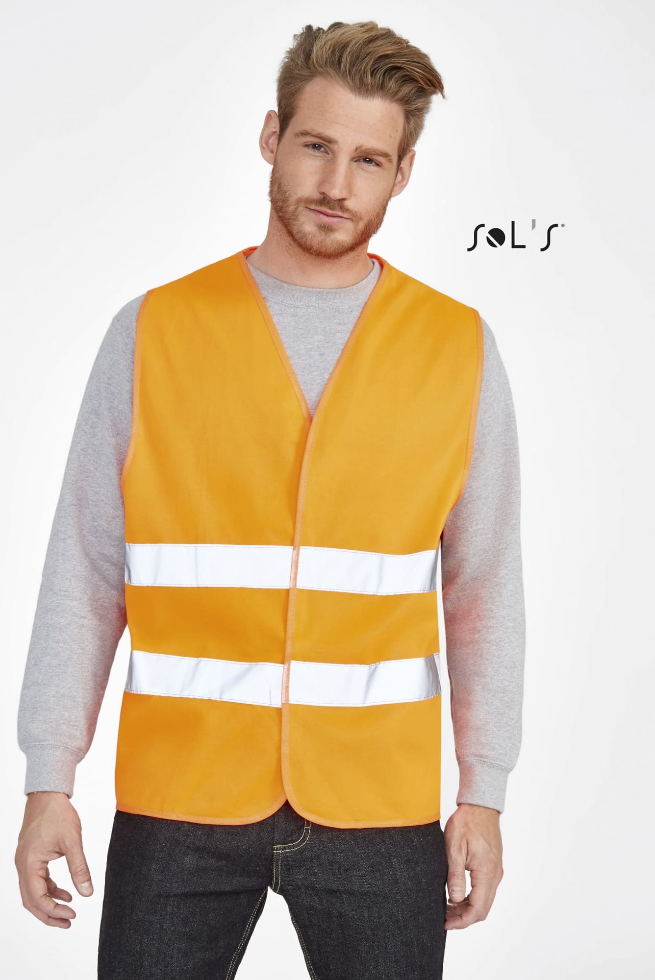 An orange unisex safety vest with reflective white stripes, featuring a logo on the upper left. SECURE PRO UNISEX SAFETY VEST - Image 1