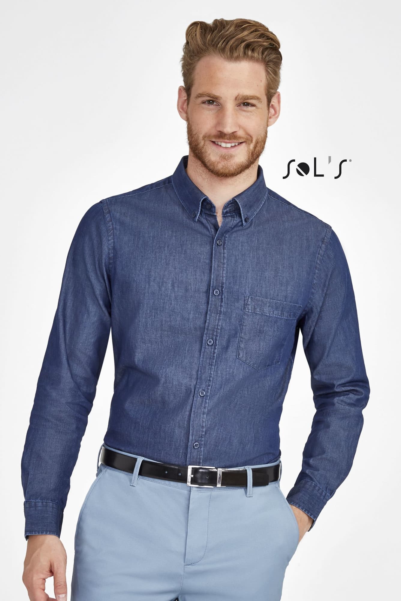 A men's long sleeve denim shirt in dark blue, featuring a button-down collar and a chest pocket. It has branding present. Shirt - Mens Long sleeve DENIM SHIRT barry - Image 1