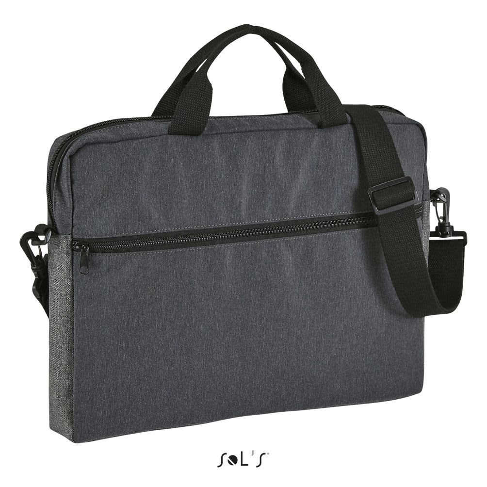 A dual material briefcase in dark grey and lighter grey, featuring a shoulder strap and dual handles. PORTER DUAL MATERIAL BRIEFCASE - Image 1