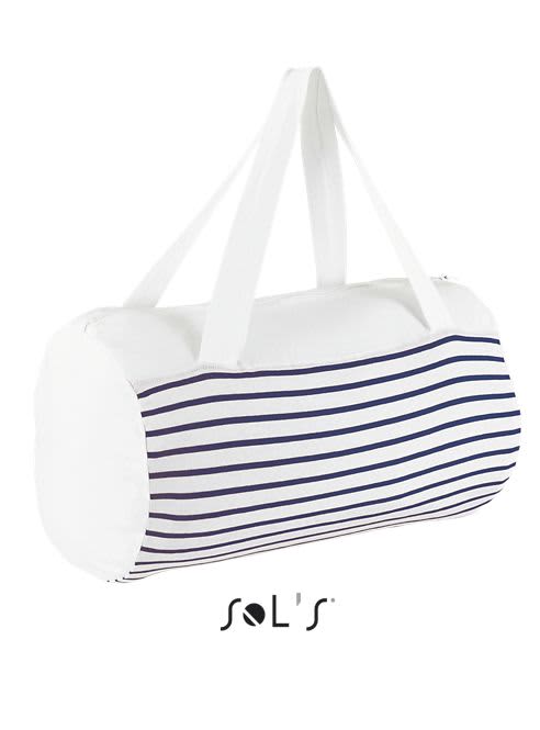 A white duffel bag featuring navy blue stripes and dual handles, with a logo on the side. SUNSET STRIPED JERSEY DUFFEL BAG - Image 1