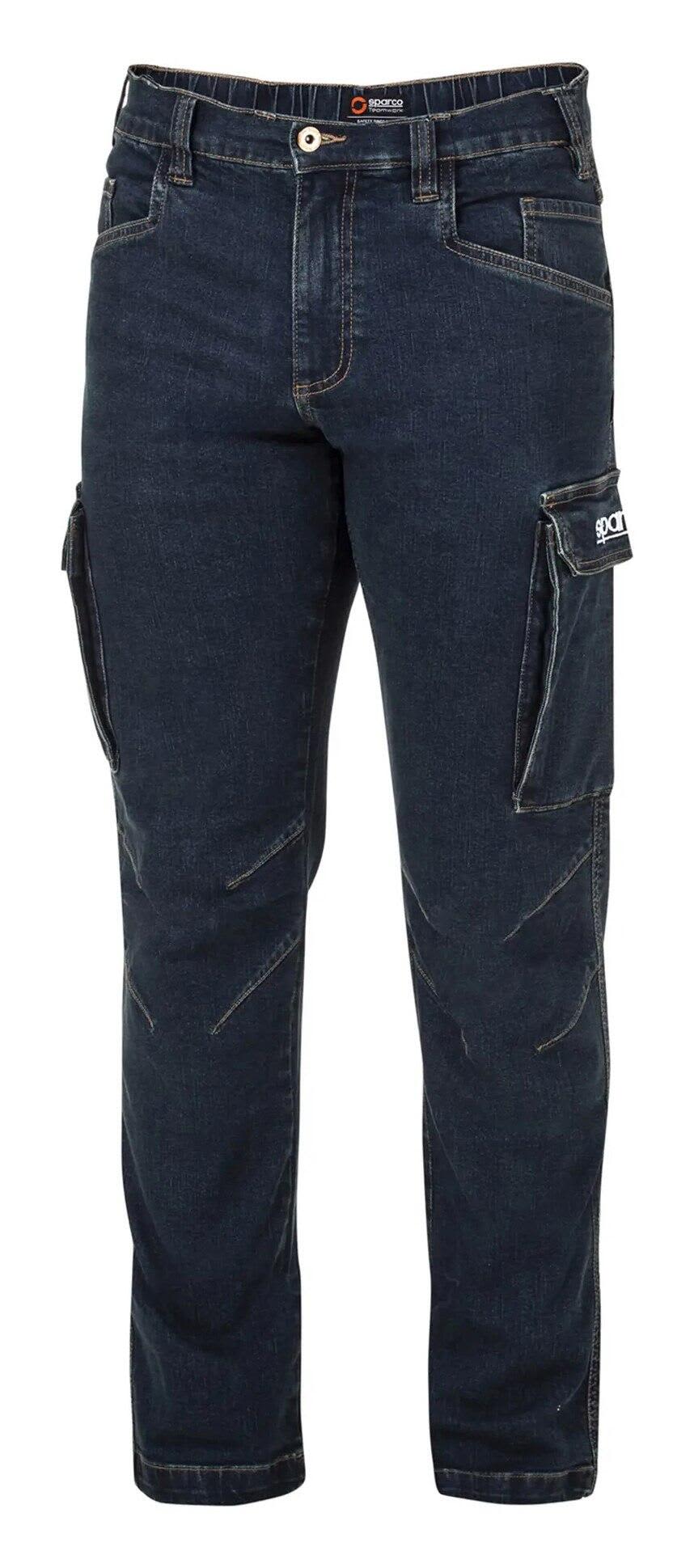 Denim jeans in navy blue with side pockets and a logo on one pocket. Dallas Tech Denim Jeans - Image 1