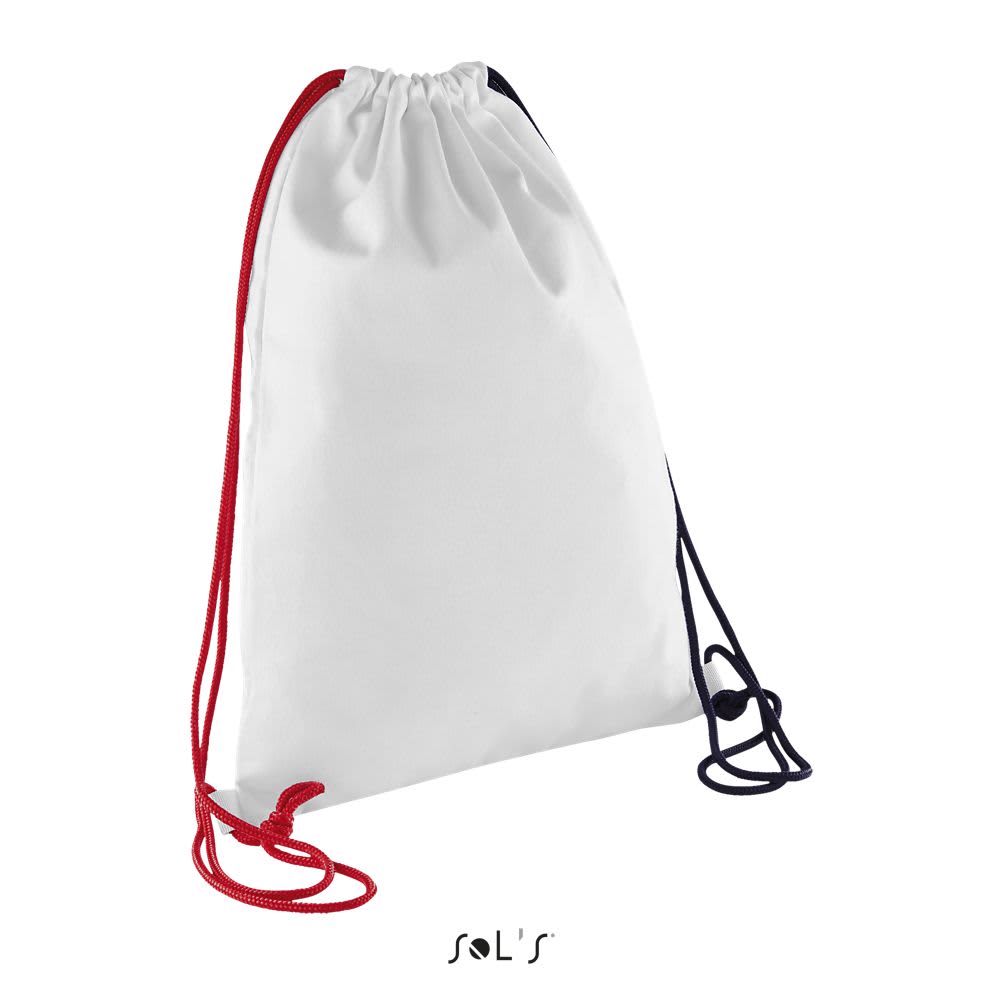 A white drawstring backpack with red and navy blue cords, featuring a logo at the bottom. MARCEAU BACKPACK - Image 1