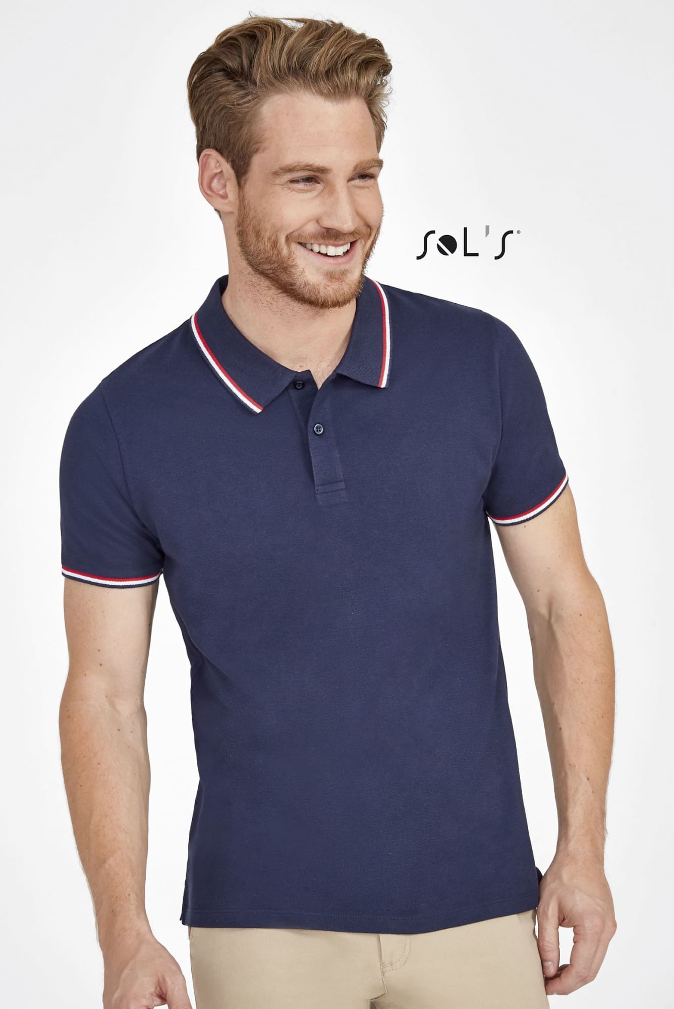 A navy blue men's polo shirt made of 100% cotton, featuring a contrasting collar and sleeves. It has a logo. Polo shirt Men's 100% cotton PRESTIGE - Image 1