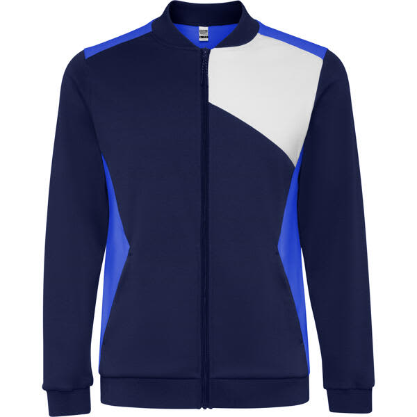 A sports jacket featuring navy and bright blue panels, with a white accent and a front zipper. It has a logo on the chest. Leros Sports Jacket - Image 1