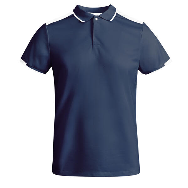 A navy polo shirt with white collar and sleeve trims, featuring a logo on the chest. Tamil Polo Shirt - Image 1