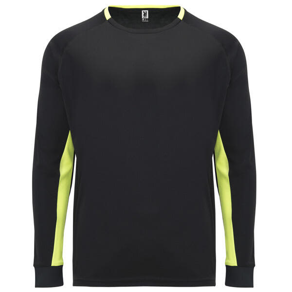 A long-sleeved T-shirt in black with neon yellow accents, featuring a logo on the front. Porto Long Sleeved T-Shirt - Image 1