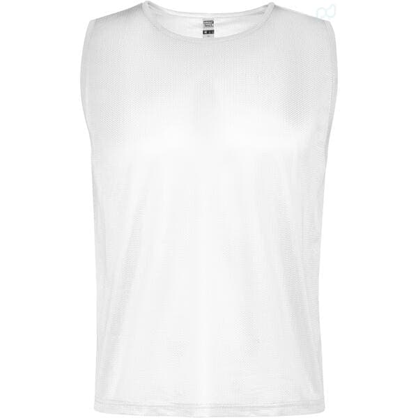 A white sleeveless bib featuring a breathable fabric and a label inside. It has a logo on the side. Roma Sport Bib - Image 1