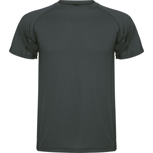 A dark grey t-shirt with short sleeves and a rounded neckline. It features a logo on the chest. Montecarlo T-Shirt (Youth) - Image 1