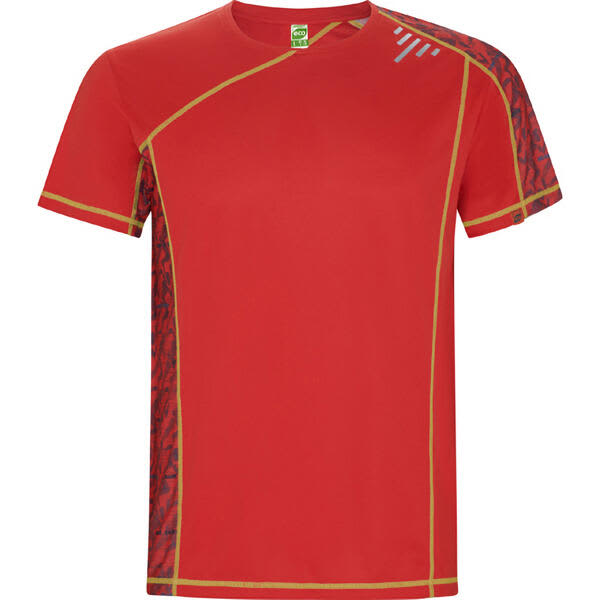 A red T-shirt with patterned side panels and contrasting gold stitching. Features a logo on the upper chest. Sochi T-Shirt - Image 1