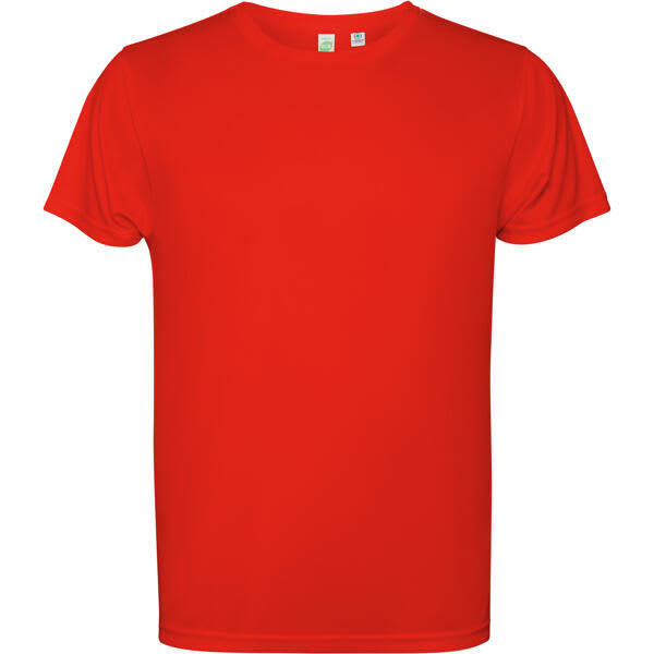 A bright red T-shirt with short sleeves and a simple design. It features a logo on the label. Estoril T-Shirt (Youth) - Image 1