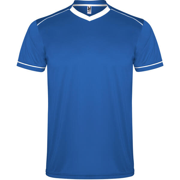 A blue sports uniform top with white accents and a V-neck design, featuring a logo. United Sports Set (Youth) - Image 1